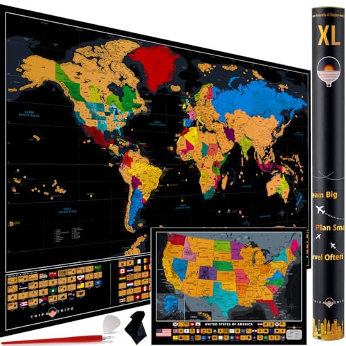 XL Scratch Off World Map - 36 x 24 With 233 Flags + USA Map - Extra Large & Detailed Travel Gift With Accessories