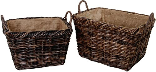 Kobolo Aufbewahrungskorb aus Rattan, braun, 2er Set, robuster Korb mit Griffen und Leinenfutter, Tragekorb, Allzweckkorb, Universalkorb, dekorativ & praktisch