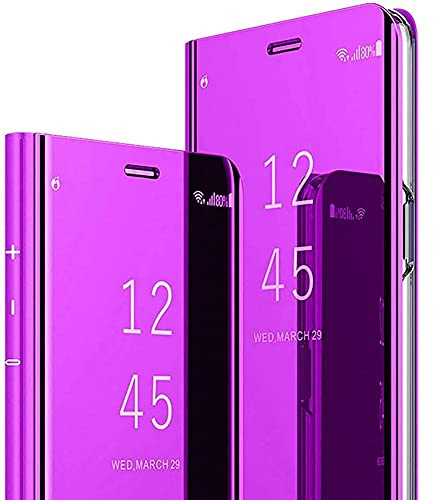LEYAN Clear Smart View Schutzhülle für Samsung Galaxy A52 | A52 5G, Spiegel, Flip Case, Cover, transparent, Standing, stoßfest, Folio-Schutzhülle mit klappbarem Ständer – Violett