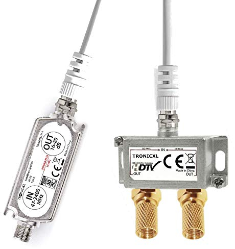 TronicXL Premium 2-Fach Antennenverteiler Splitter mit Sat Verstärker digital HD I für Satellit TV DVBT DVBS Unicable 3D 4K HDTV I Verteiler Weiche Inline für 2 Fernseher (2-Fach Silber)