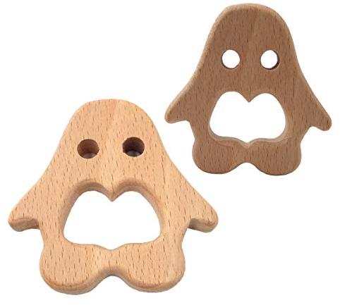 Alenybeby 2 Stück Bio Holz Pinguin Beißring reine natürliche Tierform Buchenholz Handgemachtes Greifmuster DIY Schnullerkette Anhänger