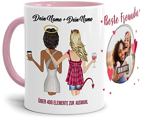 Personalisierbare Tasse - Beste Freundinnen - zum selbst Gestalten mit Wunschfoto und Wunschnamen als anpassbares Geschenk für die Beste Freundin - Innen & Henkel Rosa, 300ml
