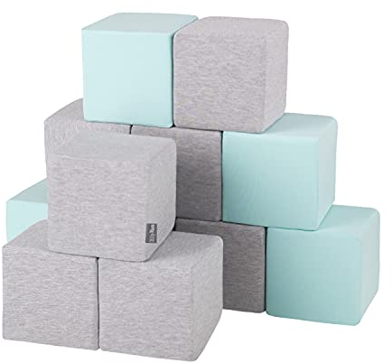 KiddyMoon Schaumstoff Würfel 14 cm Weiche Blöcke 12 Stücke Für Kinder Softbausteine UE, Blöcke: Hellgrau-Mint