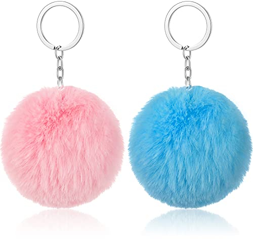 HICARER 2 Stücke Pom Poms Schlüsselanhänger Flaumig Faux Pompoms Schlüsselring Weiche Plüsch Schlüsselring Ornament Anhänger Zubehör für Damen Mädchen Frauen (Königsblau, Rosa)