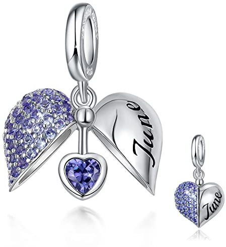 FOREVER QUEEN Damen Geburtsstein Charm Anhänger Herz 925 Sterling Silber Charms Anhänger Geburtsstein Charms für europäische Armbänder und Halsketten