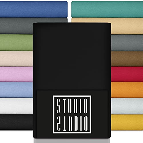 STUDIO Premium Spannbettlaken 180x200cm, 180x220cm, 200x200cm & 200x220cm – Jersey-Spannbetttuch aus 97 % Baumwolle & 3 % Elastan – Schwarz – Öko-Tex Zertifiziert, bügelfrei – für Matratzen 15–35cm