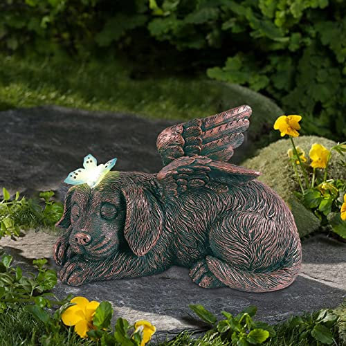 Goodeco Statue commémorative en Forme d'ange pour Chien avec Papillon Lumineux - Décoration de Jardin, Chiot endormi - Lumière Solaire - Décoration funéraire - Cadeau pour la Maison, la terrasse, la
