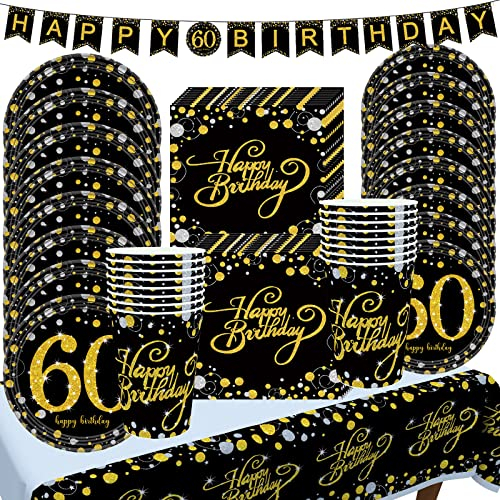 Deko 60. Geburtstag Partygeschirr Männer Frauen, 60 Geburtstag Pappteller Servietten Tischdeko, Schwarz Gold Set mit Papierteller Tischdecke Pappbecher Girlande für 60 Geburtstag Party Dekoration