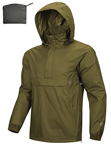 Outdoor Ventures Veste de pluie pour homme - Veste imperméable légère à capuche coupe-vent - Veste d'extérieur pliable et respirante pour voyage, camping, course à pied, randonnée, vert gazon, L