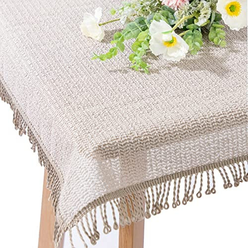 Gartentischdecke mit Fransen | Beige - Rund - 140cm | Weichschaum-Tischdecke | Schaumdecke | Klassik-Outdoor-Decke | rutschfest | wetterbeständig