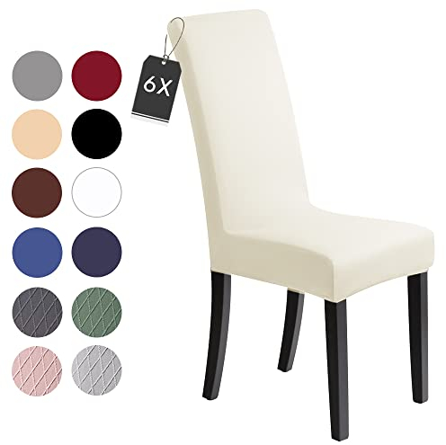 Stuhlhussen 6 Stück, Stretch-Stuhlbezug elastische moderne Husse Elasthan Stretchhusse Stuhlbezug Stuhlüberzug . bi-elastic Spannbezug, sehr pflegeleicht und langlebig Universal (6 Stück,Creme-beige)