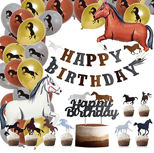 Pferde Geburtstagsdeko HAPPY BIRTHDAY Girlande Luftballons, 2 Stück Folienballon Pferde Weiß Braun, Geburtstag Cupcake Deko, Rennpferd Banner, Pferdeparty Deko für Kindergeburtstag Jungen