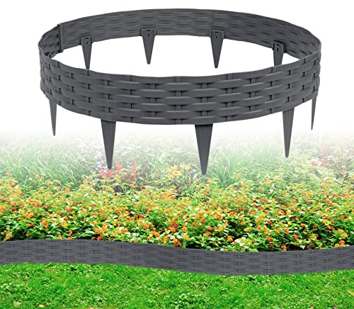 ACXIN 10m Rasenkante Beeteinfassung Gartenpalisade in Rattan-Optik mit 10 Elemente á 100 cm Beetumrandung Gartenpalisade Rund Kunststoff Palisaden UV-beständig (10 Stück, Anthrazit)