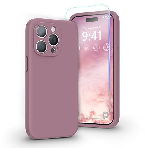 pcgaga Liquid Silicone Case for iPhone 14 Pro with Screen Protector [Camera Protection] [Microfiber Lining] Slim Shockproof Protective Phone Cover, 6.1 Inch, Lilac Purple