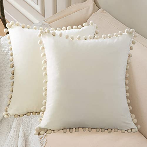 eslohnt Kissenbezug 40x40,Beige Kissenhülle,2er Set Bezug des Kissen für Sofakissen Dekokissen Couchkissen Kuschelkissen Zierkissen,Deko Wohnzimmer Schlafzimmer Modern mit Pom Pom,Samt