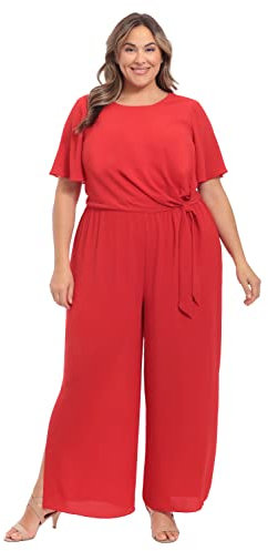 London Times Damen Schmeichelhaft Flatterärmel Seite Krawatte Jumpsuit Gast der Karriere Event Anlass Kleid, Echtes Rot, 20 Plus