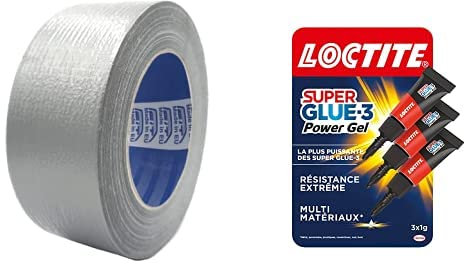 Ruban toilé américain gris argenté, 50 mm x 25 mètres, imperméable, réparations et bricolage, isolant & Loctite Super Glue-3 Power Gel Mini Dose, colle forte enrichie en caoutchouc, lot de 3 tubes 1 g