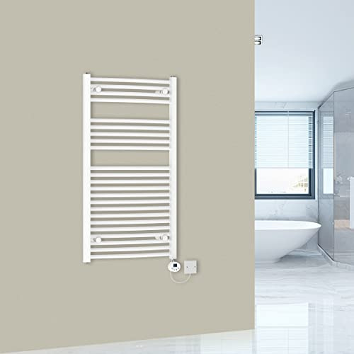 Warmehaus Curved Electric Heated Towel Rail Thermostatic White 1100x600mm | LCD Display Heating Element, Prefilled, Timer, T Piece, Steel, Wall Mounted