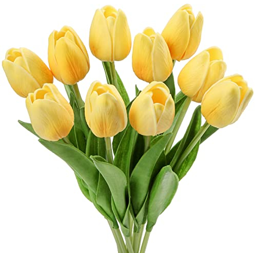 10 Stück Künstliche Tulpen, Sehr Echt Aussehende Kunstblumen, PU Latex Real Touch Plastikblumen, Gelbe Gefälschte Blumen für Hochzeit, Wohnzimmer, Büro, Hotel, Küche und Home Decor