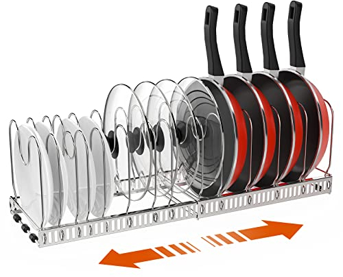 Housolution Pfannenhalter für Schublade, Erweiterbarer Topfdeckelhalter mit 14 Verstellbaren Teiler, Topf und Pfannen Organizer Deckelhalter Aufbewahrung für Küche, Silber