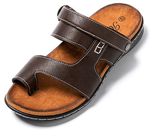 JOMIX Sommer Sandalen Herren Weiche Kunstleder Pantoletten Zehenring Latschen mit FerseRiemen Rutschfeste Gummisohle Wandern Meer Strand Outdoor (03 Braun, 41 EU)