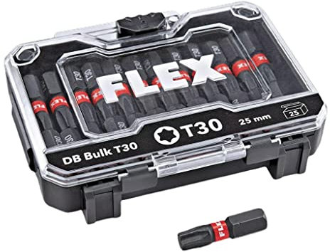 FLEX Bohrschrauber Set, 25 Stück, Bohrerset, Flex Drill Bit Set, T30 Torx, 1 mm Bohrerdurchmesser, SDS-plus Schaft, Spirale Bohrflut, Gemalt Finish, 4030293243347 EAN, 530492