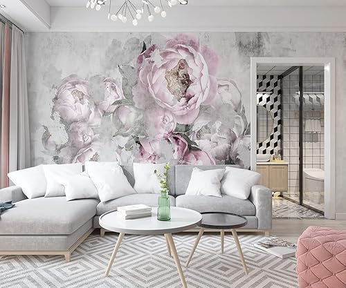 DECO Perso Papier Peint Intissé Panoramique Fleur de Pivoine Rose et Gris - Toison Mur XXL - Décoration murale - Wall Paper - Poster Géant 3D (2,50 m x 3,55 m)