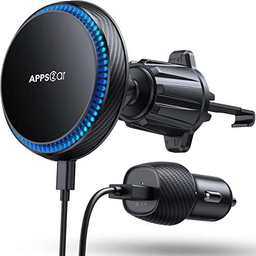 APPS2Car Magsafe Car Charger,Wireless Car Charger 15W Fast Charging for Magsafe Car Mount, 3200RPM Cooling Fan System, Compatible with iPhone 15/14/13/Magsafe Series