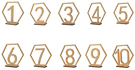 10 Stück Holz-Tischnummern für Hochzeitstischkarten mit Stabiler Halterung, Sechseckige Ausgehöhlte Tischnummern, Holznummern-Tischkarten mit Halterbasis, Stehende(Zahlen 1-10)