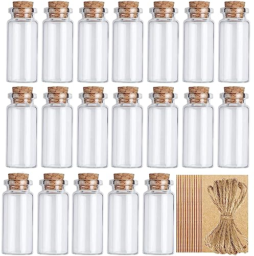 ATB-Foger Lot de 20 mini flacons en verre de 10 ml avec bouchon en liège pour décoration DIY, cadeaux de mariage, fête (20 ficelles + 20 étiquettes suspendues)