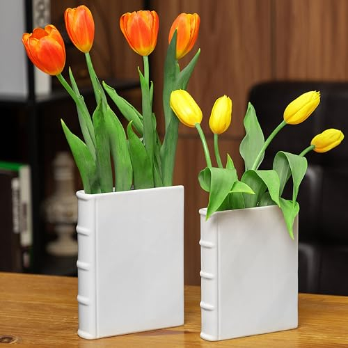 Buchvasen aus Keramik für Blumen, 20,3 cm und 17,8 cm hoch, exquisit verarbeitet für einzigartige Heimbuch-Dekor-Akzente, elegante und stilvolle literarisch inspirierte Buchblumenvase, ideales