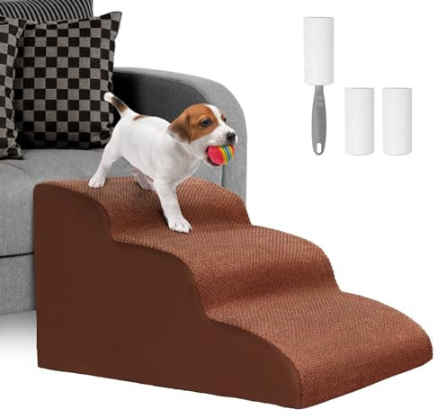 Lannvan Hundetreppe für Kleine Hunde, 3 Stufen Haustiertreppe Katzentreppe, Hunderampe aus Schwamm für Sofa Bett, Hunde Treppen mit Abnehmbarer Bezug, Waschbar Haustierleiter, Senden Fusselrolle,Braun