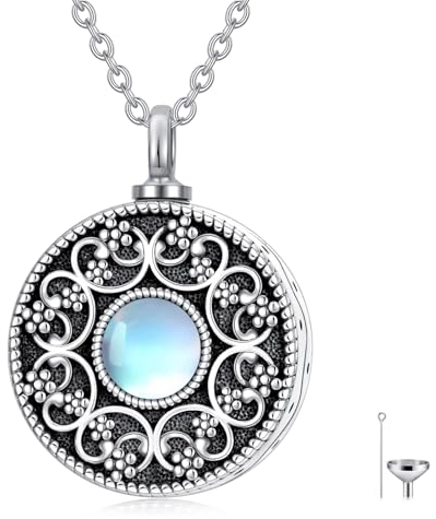 ROMANTICWORK Mondstein Urnenkette für Asche 925 Sterling Silber Mondstein Asche Anhänger Halskette Feuerbestattung Asche Schmuck Geschenke für Damen