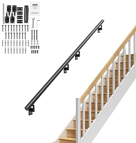 VEVOR Corrimano da Parete per Scale Uso Interno in Lega di Alluminio Lunghezza 214cm Capacità Carico Max. 199,6kg, Ringhiera per Scale Murale Colore Nero 2148 x 70 x 180 mm, Corrimano di Scale a Casa