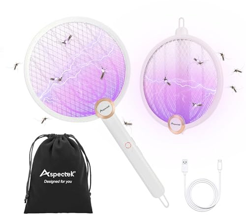ASPECTEK Elektrische Fliegenklatsche, wiederaufladbare 3000 V Elektro-Mückenklatsche und UV-Mückenlampe mit USB-Ladekabel, gegen Mücken, Fliegen und Fliegende Insekten, inklusive Aufbewahrungstasche