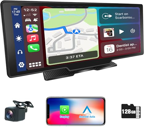 AneQu Portable 9,3 Wireless Car Play/Androidauto, carplay Display, 2,5K Dash Cam, alle verschiedenen 12V-24V Auto-Lade-Typ, Auto-Stereo-Empfänger mit Bluetooth 1080P Backup-Kamera TF-Karte 128G