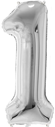 FUNFEST 100 cm silberne Luftballons zum 1. Geburtstag – Geburtstagsballon-Dekoration – inklusive XL-Ballon zum 1. Geburtstag und Strohhalm – Fliegen mit Helium