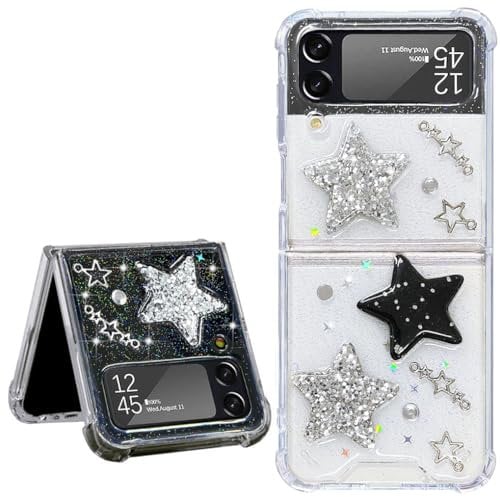 Efitoo for Samsung Galaxy Z Flip 3 5G Case Clear Glitter Design Cute Bling White Black Stars Space Theme Sparkle Shockproof Aesthetic Shockproof Phone Cover for Women Girls (Glitter Stars)