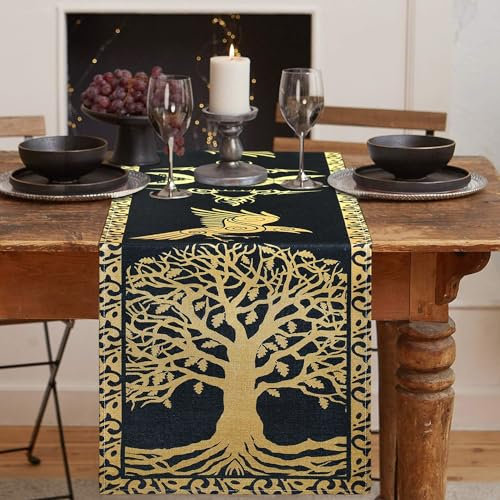 LRartdeco Tischläufer 40x140cm Tischdecken Odin Raben Baum des Lebens Artoid Wikinger Tischläufer Leinen Tischband Waschbar Für Draussen Balkon Drinnen Party Dekoration