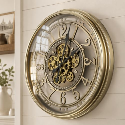 TOKTEKK 70cm Large Wall Clock with Real Moving Gears, Battery Operated Modern Metal Decorative Wall Clock, Oversize Industrial Steampunk for Living Room Decor, Bronze, Arabic Numerals