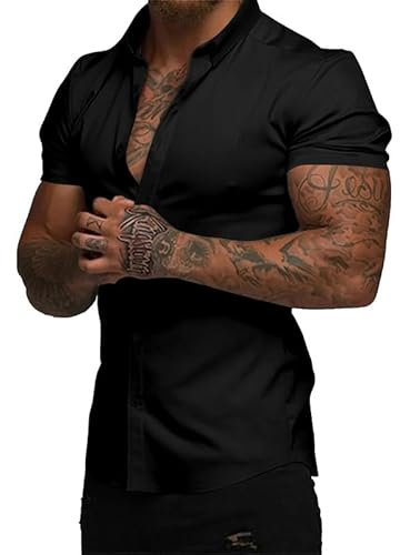 Elegancity Mens Shirts Short Sleeve Smart Casual Summer Beach Shirts Slim Muscle Fit Button Down Formal Dress Shirt Black, L