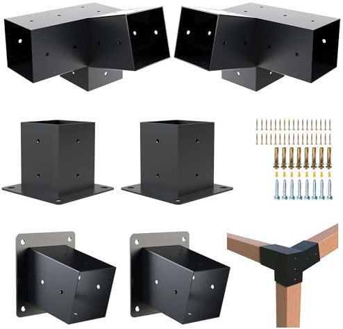 Pergola Kit, 15° 3-Way Slanted Roof Pergola Bracket Set, Powder-Coated Roof Wall Mount Pergola Brackets 4 x 4 (Actual: 3.5x3.5 Inch), Pergola Hardware for Porch Gazebo Backyard (6 pcs), Black