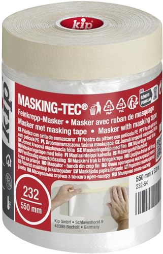 Kip Tape 232-54 Masker avec ruban de masquage - film de masquage avec ruban crêpe pour peindre et vernir - protection contre les taches de peinture - 550mm x 33m