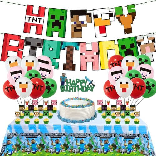 Miner Gamer Thema Party Dekoration 48pcs Miner Deko Geburtstag Gaming Party Luftballons Video Game Partyzubehör zum Geburtstag Deko Luftballons, Happy Birthday Banner, Tischtücher, Kuchendekorationen