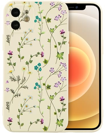 RALEAVO Flower Case for iPhone 12, Liquid Silicone Shockproof Protection Case Cover for Girls Women with Aesthetic Cute Floral Patterns Soft Slim Phone Case for iPhone 12 6.1-Beige