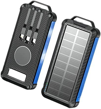 Chargeur Solaire 10000/20000mAh Banque d'énergie Solaire Portable Chargeur sans Fil à 3 câbles intégré avec Lampe de Poche LED Batterie Externe Chargeur de téléphone Solaire étanche pour Ca