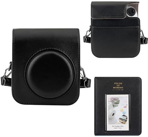 Mumlicha PU Leder Kameratasche und 64 Taschen Fotoalbum kompatibel mit Fujifilm Instax Mini 12 Sofortbildkamera, Mini 12 Schutzhülle mit Verstellbarem Schultergurt (Schwarz)