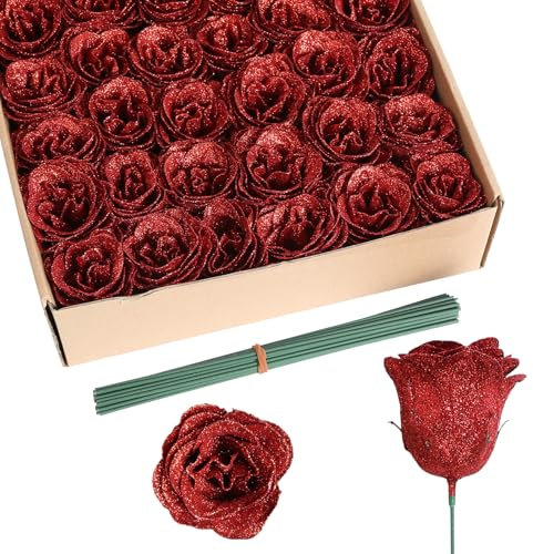 Rzoukler Künstliche Rosen, 30 Stück, rote Glitzer-Seidenrosen für Hochzeitsstrauß, Party, Weihnachten, Heimdekoration