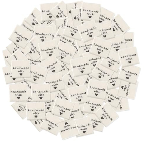 PEOVLVN 100 Stück Handmade Stoff Labels,Handmade Label,Kleideretiketten Textiletiketten Handmade with Love Labels Zum Annähen DIY Näharbeit Deko Labels Tags Stoff für Nähen, Häkeln, Verzierung
