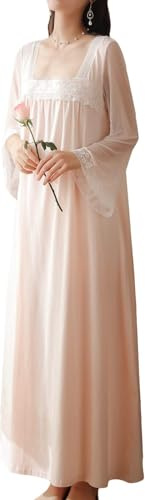 LLECDASEUI Femmes Palais victorien Manches longues Chemises de nuit Maxi Vintage Dentelle brodée Chemise de nuit Douce princesse Pyjama (Rose,L)